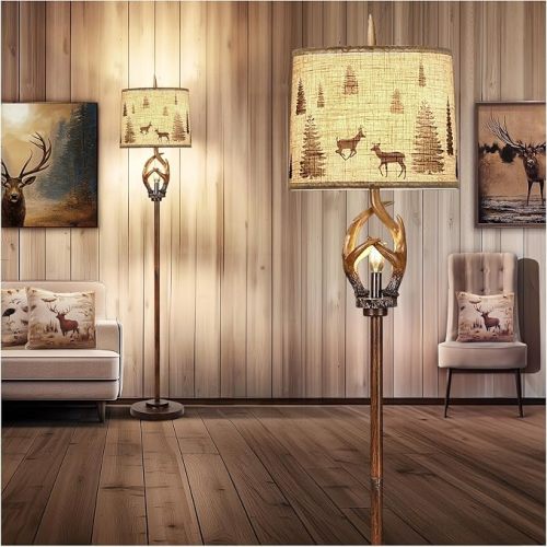 Rustic Antlers Floor Lamp with Night Light, Brown Finish