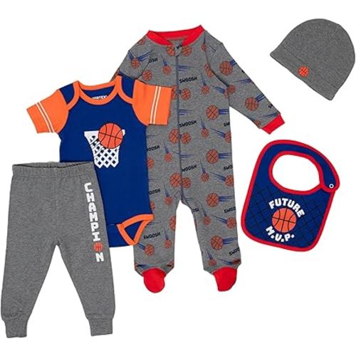 Gertex Baby 5-Piece Layette Gift Set for Newborn Boys & Girls – Bodysuit, Sleeper, Hat, Pants, Bib (0–12M)