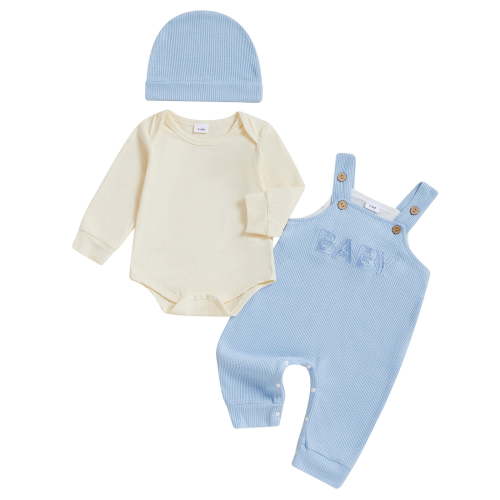 Ulanda Baby Boy Outfit Fall Winter Clothes Solid Plain Long Sleeve Romper Jumpsuit Overall Pants Hat Set (Light Yellow, 6-12 Months)