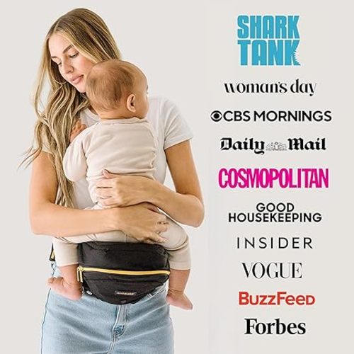 Tushbaby Original Hip Seat Baby Carrier for Babies & Toddlers up to 45 lbs, Safety Certified, Lightweight No-Foam Design with Storage, Black & Gold