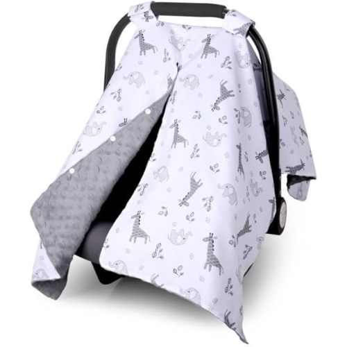 Metplus 2 in 1 Baby Car Seat Cover, Car Seat Canopy for Babies, Mom Nursing Cover, Minky Baby Carrier Covers, Newborn Boy Girl Shower Gift, Elephant Giraffe
