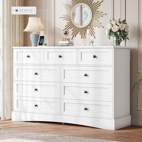 Hasuit White Dresser for Bedroom with 9 Drawers, 51.2" Large Drawer Dressers with Charging Station, Wide Farmhouse Dressers Chest of Drawers, Wooden Storage Tower Organizer, Dresser for Bedroom Closet