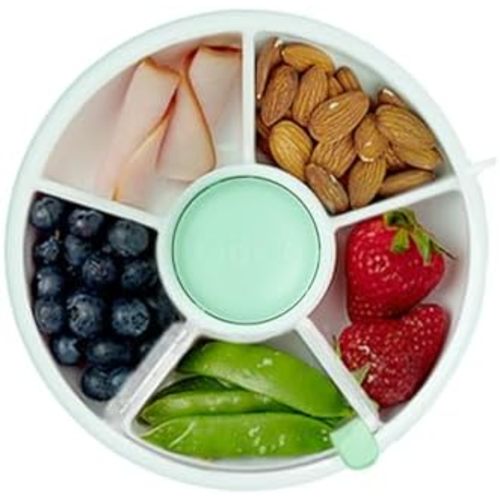GoBe Kids Small Snack Spinner Flip Bundle with Hand Strap and Sticker Sheet - Reusable Snack Container with 5 Compartment Dispenser and Lid | BPA/PVC Free | Dishwasher Safe | No Spill- Mint Green