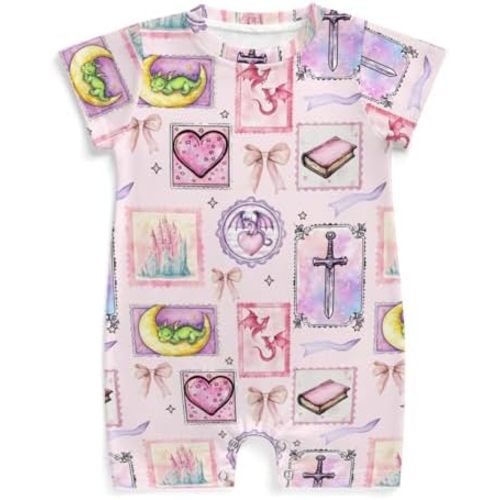 Pink Dragon Castle Bows Pink Baby Rompers Dragons Books Infant Outfit Fairytale Stamp Onesie