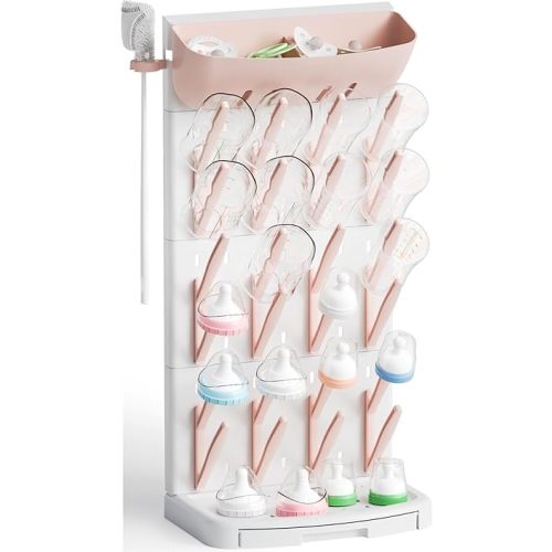 SuoXing Vertical Baby Bottle Drying Rack with Brush- Hold 24 Bottles - Large Breast Pump,Bottle Dryer Rack for Kitchen Countertop,Space Saving Bottle Stand Holder for Pacifiers,Pump Accessories,Pink
