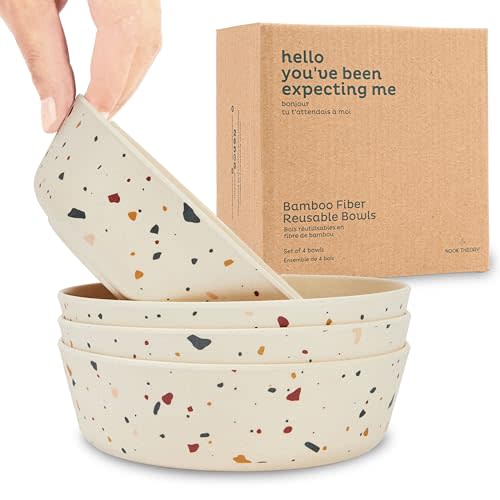 Nook Theory 4 Pack Bamboo Bowls - Alternative to Plastic Bowl, 18 Oz Reusable, Shatterproof Dinnerbowl, Dishwasher Safe - Not Microwavable Bamboo Dishes (Fiesta)