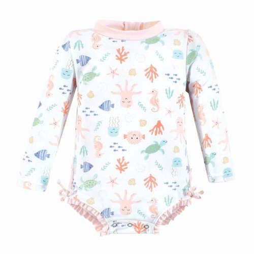 Hudson Baby Girls Rashguard Baby Swimsuit, Pastel Sea, 6-9 Months