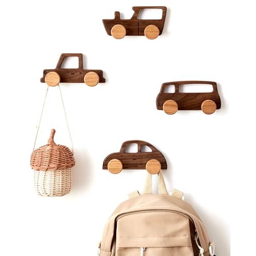 Vinoil Kids Coat Hooks Wall Mount, Walnut Car-Shaped Coat Rack Heavy Duty for Bathrooms,Kids’ Room,Door,Nursery,Entryway, 4 Pack Wood Wall Hooks for Hanging Hats,Backpacks,Towels,Keys&Clothes