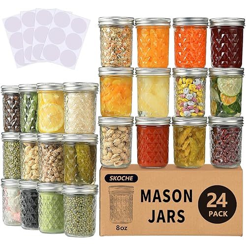 SKOCHE Mason Jars 8 oz 24 Pack Half Pint Canning Jars with Regular Airtight Lids and Bands, Small 8oz Glass Jars with Lids, Ideal for Fermenting, Pickling, DIY Decors, Fruit Preserves, Jam, Jelly