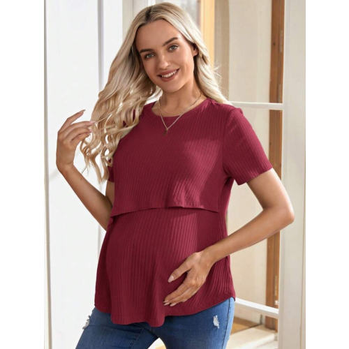 SHEIN Maternity & Nursing Casual Solid Color Round Neck Short Sleeve Top, Summer World Cup | SHEIN USA