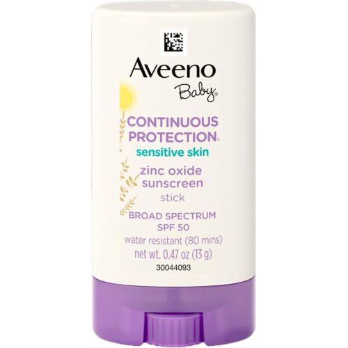 Aveeno Baby Continuous Protection Mineral Sunscreen Stick for Sensitive Skin with Broad Spectrum SPF 50 Protection for Face & Body, Naturally Sourced 100% Zinc Oxide, Travel Size, 0.47 oz