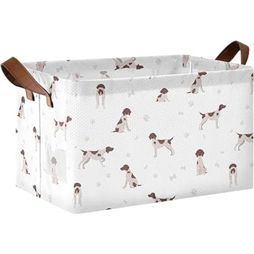 Ollabaky Collapsible Rectangular Closet Storage Bin German Shorthaired Pointer Shelf Basket Box with Leather Handles - Storage Cube, Nursery Storage, Laundry Hamper, Gift Baskets