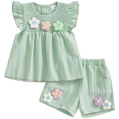Toddler Baby Girl Clothes Knit Floral Fly Sleeve Tops Shorts Cute Summer Spring Outfits Infant Clothing Set
