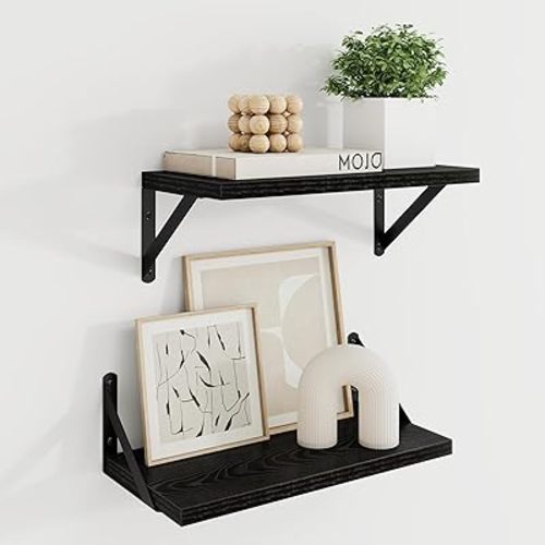 Deep Floating Shelves for Wall, 16W x 8D Wall Mounted Shelves Set of 2, Floating Shelves Bedroom with Sturdy Metal Brackets for Living Room, Bathroom and Kitchen, Black