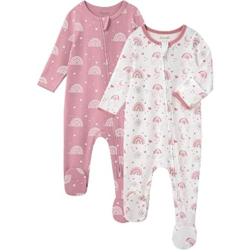 FIEMOL Baby Girl Sleepers 100% Cotton Footie Pajamas Newborn 0-3 3-6 6-9 Months with 2-Way Zipper, 2pcs PJs Baby Girl Clothes