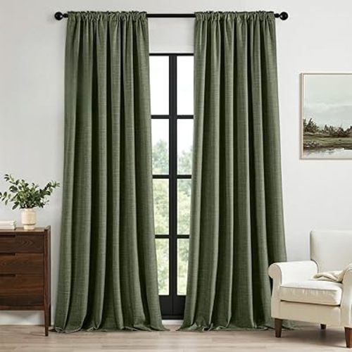 MIULEE 100% Blackout Curtains 84 Inch Long 2 Panels Set for Bedroom, Thick Faux Linen Black Out Curtain Room Darkening Back Tab Pleat Window Textured Drapes with Hooks for Living Room, Olive Green