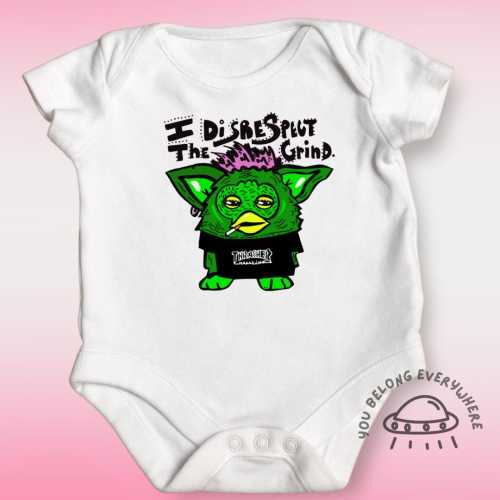 Punk Furby Skater Baby bodysuit, Quirky Baby Shirt, Unique and Handmade Gender-Neutral Y2K Alternative Baby Bodysuit, Small Artist Clothing