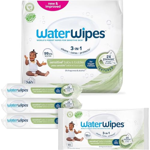 WaterWipes Textured Clean, Toddler & Baby Wipes, 99.9% Water, 3-In-1 Cleans, Cares, Protects, Unscented & Hypoallergenic, 240 Count (4 Packs), Packaging May Vary