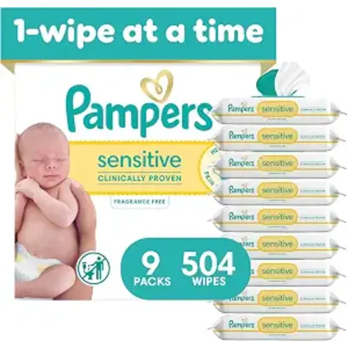 Pampers Sensitive Baby Wipes, Unscented, Fragrance Free, Clinically Proven, Water Based, Hypoallergenic, Multi-Use, Hand Wipes, 504 Wipes Total (9X Flip-Top Packs)