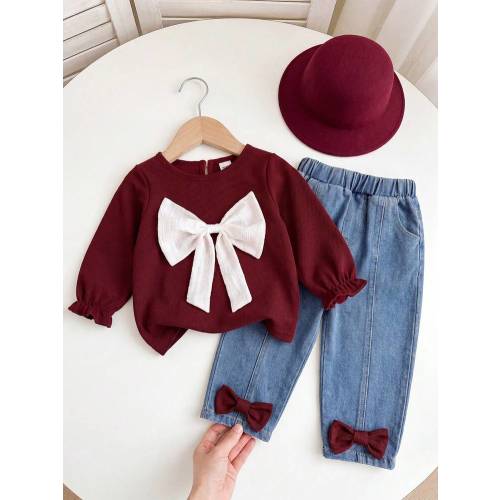 SHEIN Playful Pals Baby Girl Casual Bow Decor Round Neck Sweatshirt And Pants Set, Autumn Fall Winter | SHEIN