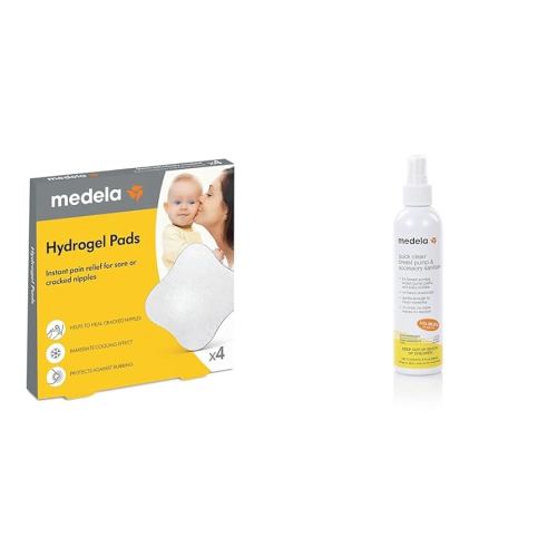 Medela Breastfeeding Essentials Bundle with Hydrogel Pads, Quick Clean Sanitizer Spray, and Accessories