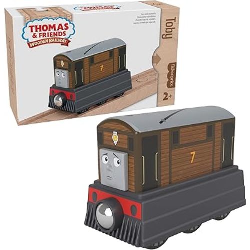 Thomas & Friends Wooden Railway, Toby Engine, push-along toy train made from sustainably sourced wood for toddlers and preschool kids