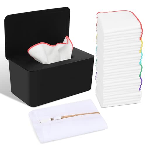 54 Packs Flannel Reusable Baby Wipes Cloth Wipes with Black Upgraded Wipes Dispenser, Soft & Natural Skin Friendly Cloth Wipes, Body Face Hand Washcloth Essential for Cloth Diapers