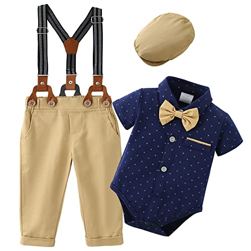 ZOEREA Baby Boy Suit Gentleman Outfit Clothes Infant Tuxedo Short Sleeve Dress Shirt+Suspender Pants+Bowtie+Hat 0-18M