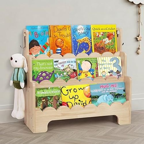 Kids Bookshelf Wooden 3-Tier, Scalloped Book Shelf for Kids Rooms, Front Facing Toddler Montessori Bookshelf, Baby Nursery Book Shelves Kid Classroom Book Shelf Bookcase