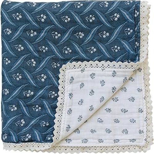 Mebie Baby Muslin Quilt, Navy Berry and Cream Berry, 100% Cotton Baby Blanket for Girls and Boys, Newborns to Toddler, Soft Swaddle Blanket, 47"x47"