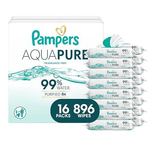 Pampers Aqua Pure Baby Wipes, 99% Water, Fragrance Free, Unscented, Water Based, Multi-Use, 896 Wipes Total (16X Flip-Top Packs) [Packaging May Vary]
