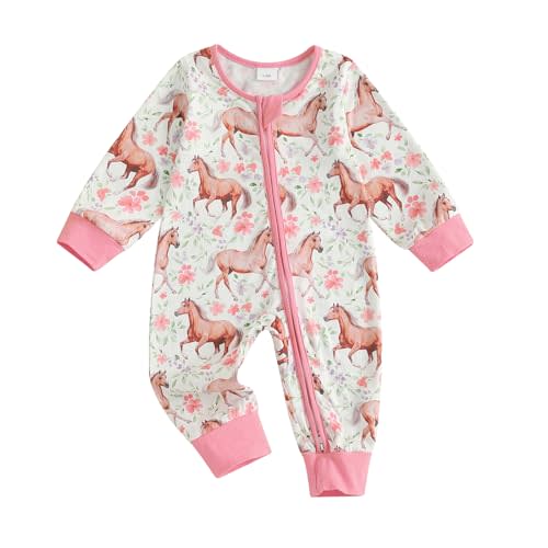 Lefyira Western Baby Girl Clothes Horse Print Cow Romper Zipper Long Sleeve Jumpsuit Infant Cowgirl Outfit Summer Clothes