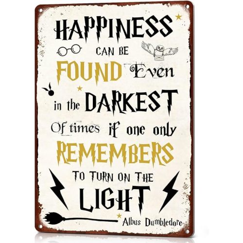 Happiness Can Be Found Even In The Darkest Metal Signs, Vintage Magic Sign for Movie Wizard Theme Lovers Office Decor Motivational Room Wall Decor 12x8 Inch
