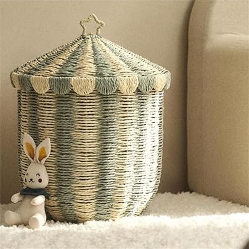 Creative Laundry Hamper, Paper Rope Laundry Basket with Lid, Round Laundry Storage Bin with Metal Frame for Household Storage(Green,Large)