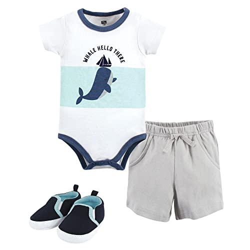 Hudson Baby Unisex Baby Cotton Bodysuit, Shorts and Shoe Set
