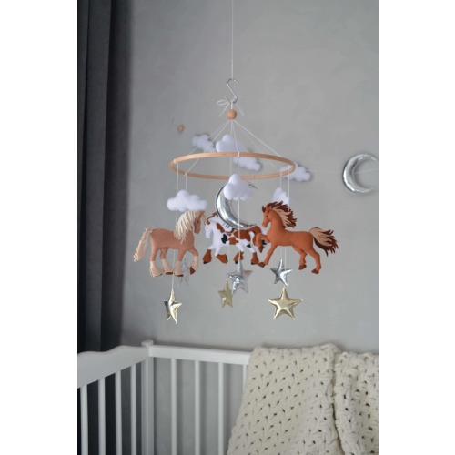 Felt Horses Baby Mobile – Nursery Decor with Clouds & Stars