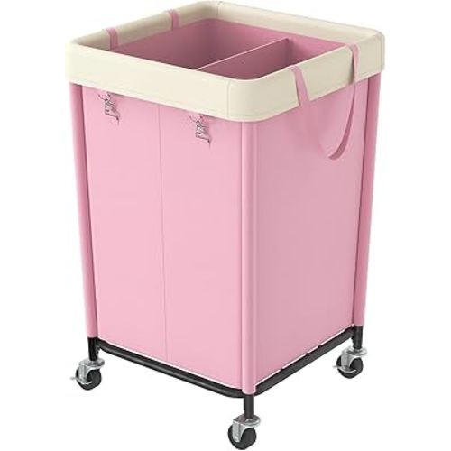 WOWLIVE 160L Rolling Laundry Hamper with Wheels, Heavy Duty Laundry Basket, Large Laundry Cart with Steel Frame and Removable Bag, Dirty Clothes Hamper for Home, Closet, Dorm, Bathroom, Pink