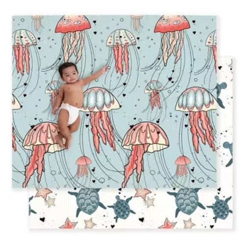 JumpOff Jo - Waterproof Foam Padded Play Mat for Infants, Babies, Toddlers, Play Pens & Tummy Time, Foldable Activity Mat, 70 in. x 59 in. - Seaside
