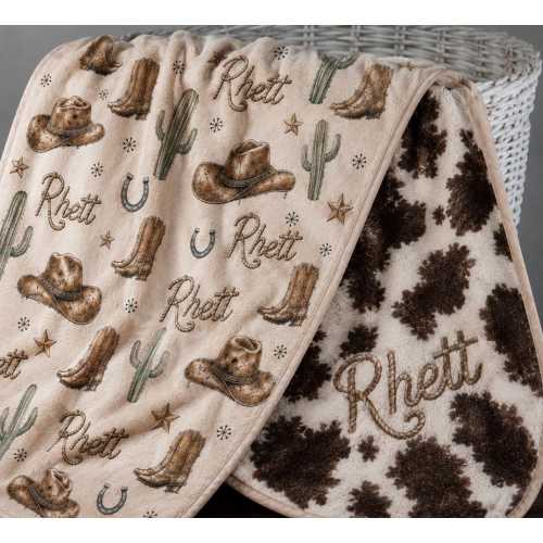 Personalized cow print blanket, western blanket for custom gift, cowboy nursery, baby name gift, boy room decor