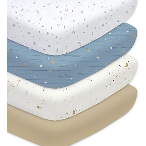Little Grape Land Crib Sheets Baby Toddler Sheets 4 Pack Fitted for Boys Girls, Standard Size 28x52‘’ Crib Mattress, Super Soft Breathable Washable Microfiber Starry Galaxy