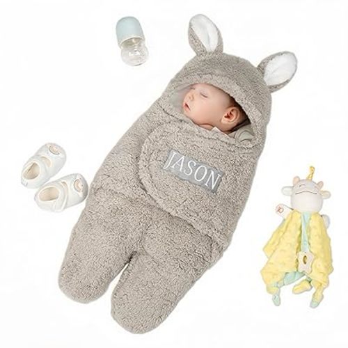 Personalized Bunny Baby Swaddle leece Nursery Pack Bag Infant Sleeping Bag Blanket with Embroidery Name Holiday Costume Gift for Newborn Ideal Registry Gift Perfect Baby Prize