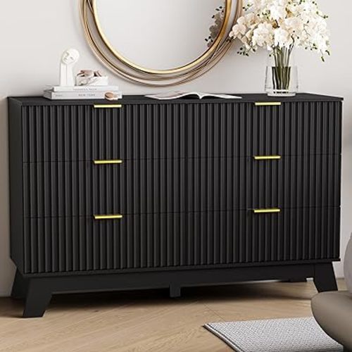 HUANLEGO 6 Drawer Dresser for Bedroom, Black Fluted Dressers Chest of Drawers with Gold Handle, Wood Mid Century Modern Dressers for Closet, Bedroom Dresser Storage Organizer for Living Room, Hallway
