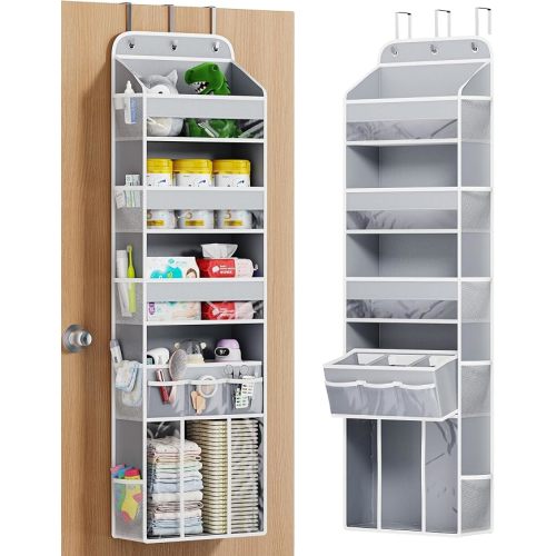OneDream 5-Tier Over the Door Organizer, Baby Clothes Organizer for Nursery | with Removable Storage Caddy, Clear Pockets, Side Mesh Compartments, Hanging Behind Door Storage, Damage-Free Installation
