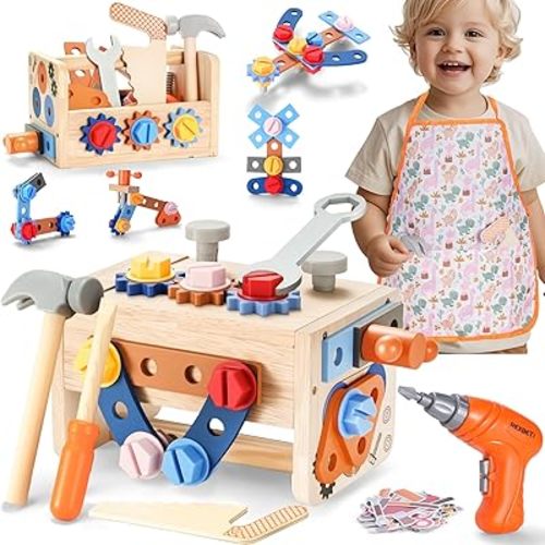 REXBETI Kids Tool Set, 43Pcs Wooden Toddler Tool Bench with Electric Drill, Apron and A Pack Stickers(50pcs), Montessori Construction Toddler Tool Set