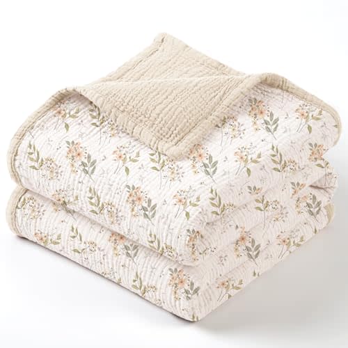 lulumoon Muslin Baby Blanket for Girls: Cotton Toddler Blanket for Daycare | 47x47" Soft Reversible Crib Bedding from Infant to Toddler - Lightweight for Naptime, Stroller, Carseat & Travel(Ivory)