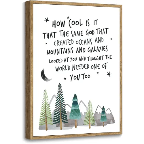 Howwii Inspirational Wall Art for Nursery Mountain Decor, Same God Creation Christian Wall Decor for Kids Room, First Communion Gift Baptism Gifts for Boys Girls (Brown Frame)