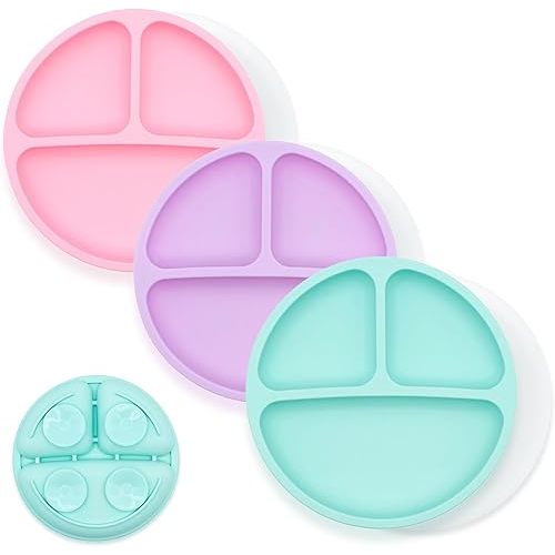 WeeSprout Suction Plates for Babies With Lids & Toddlers - 100% Silicone, Dinnerware Stays Put, Divided Design for Picky Eaters, Microwave & Dishwasher Friendly, 3 Pack
