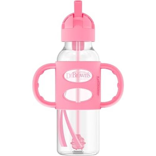 Dr. Brown's Milestones Narrow Sippy Straw Bottle, Spill-Proof with 100% Silicone Handles and Weighted Straw, 8 oz/250 mL, Pink, 6m+