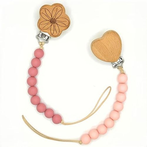 Wood Paci Clips 2 Pack for Baby Girl, Premium Flexible Bead Design, Universal Fit, Safe Pacifier Holder