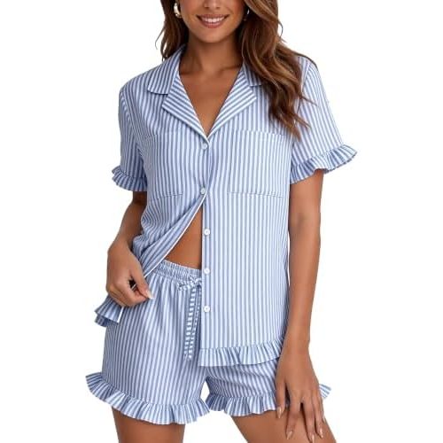 Flygo Womens Striped Cotton Pajama Set Ruffle Pj Sleepwear Lounge Sets